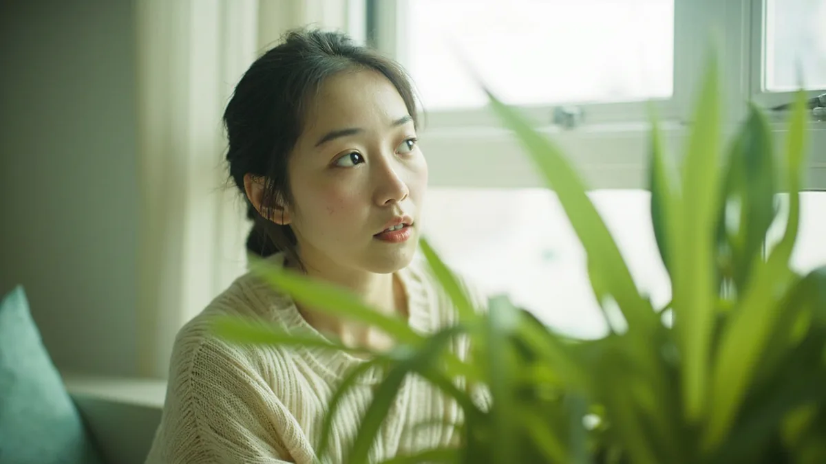 A young woman realizes her plant has grown much taller, illustrating “unconscious realization” in Chinese: 不知不觉 (bù zhī bù jué)