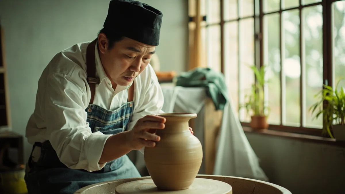An artisan carefully crafts a one-of-a-kind ceramic piece, illustrating “sole and unique existence” in Chinese: 独一无二 (dú yī wú èr)