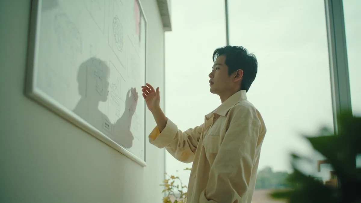 A team member points to a project plan, accepting a compromise for the group, illustrating “considering the overall situation” in Chinese: 顾全大局 (gù quán dà jú)