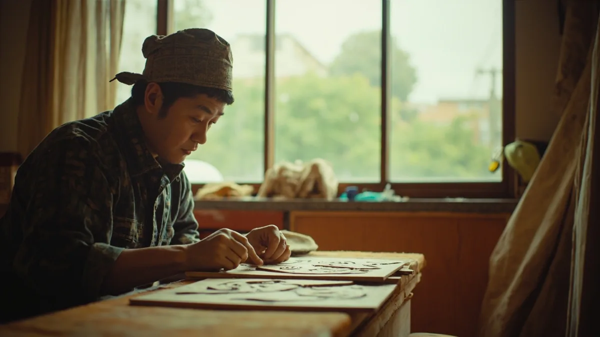 An artisan patiently carves intricate details into a wooden sculpture, illustrating “sustained perseverance” in Chinese: 坚持不懈 (jiān chí bù xiè)