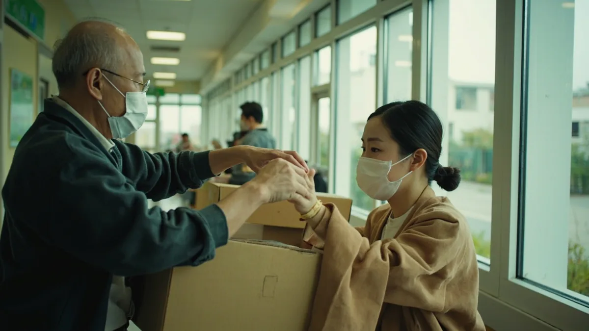 A person quickly helps another carry a light package, illustrating “small effort task” in Chinese: 举手之劳 (jǔ shǒu zhī láo)