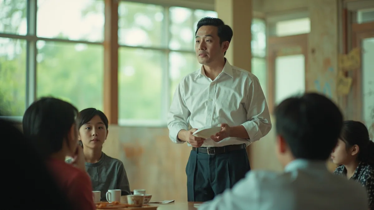 A person confidently explains a correct point of view in a group, illustrating “justified confidence” in Chinese: 理直气壮 (lǐ zhí qì zhuàng)