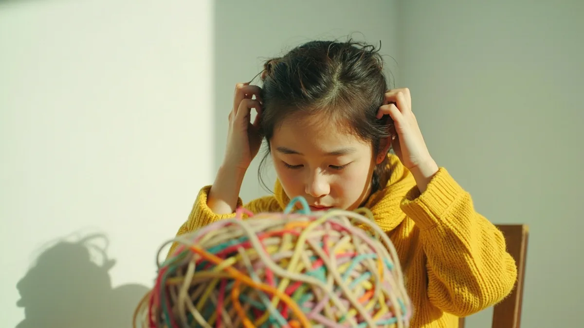 An adult looks overwhelmed, running hands through hair, facing a tangled yarn ball, illustrating “utter disorder” in Chinese: 乱七八糟 (luàn qī bā zāo)