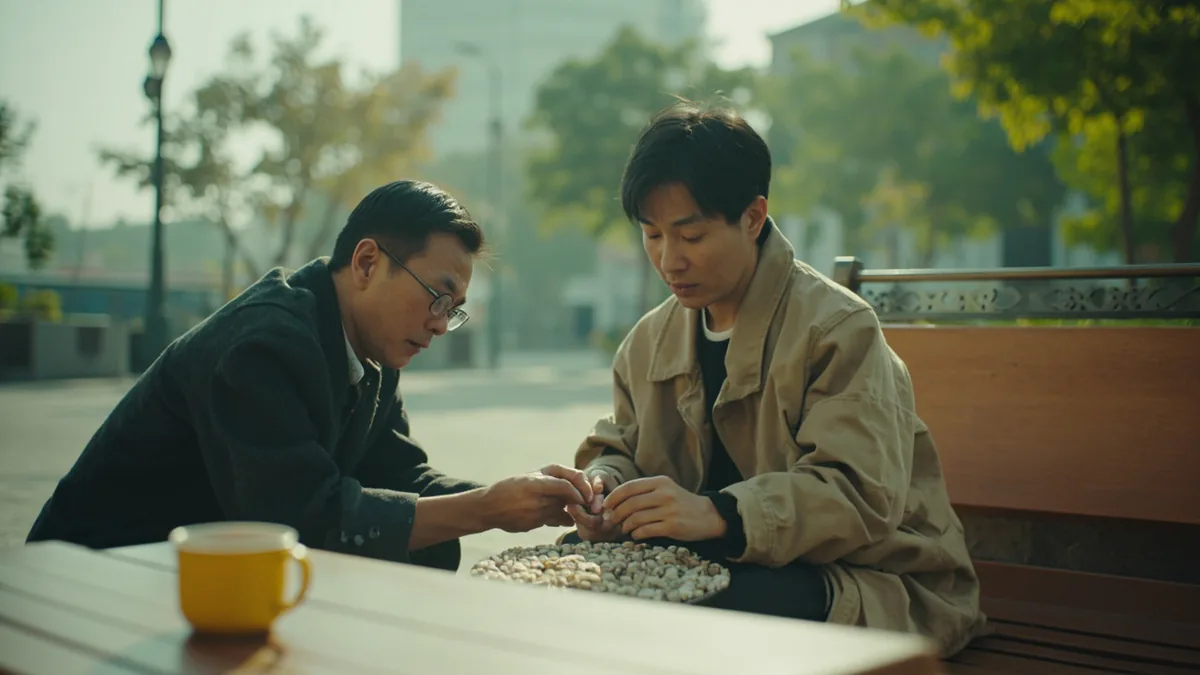 An adult meticulously arranges small pebbles on a public bench in a park, illustrating “inexplicable strange behavior” in Chinese: 莫名其妙 (mò míng qí miào)
