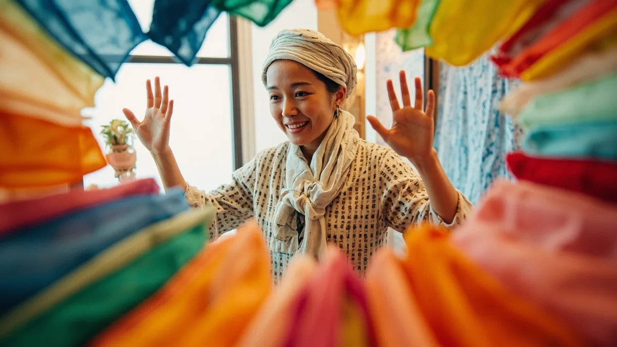 A demonstrator shows many ways to fold a colorful fabric, illustrating “myriad transformations” in Chinese: 千变万化 (qiān biàn wàn huà)