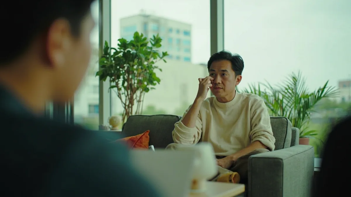 A person sheds tears while listening to a touching story, illustrating “involuntary emotional reaction” in Chinese: 情不自禁 (qíng bù zì jīn)