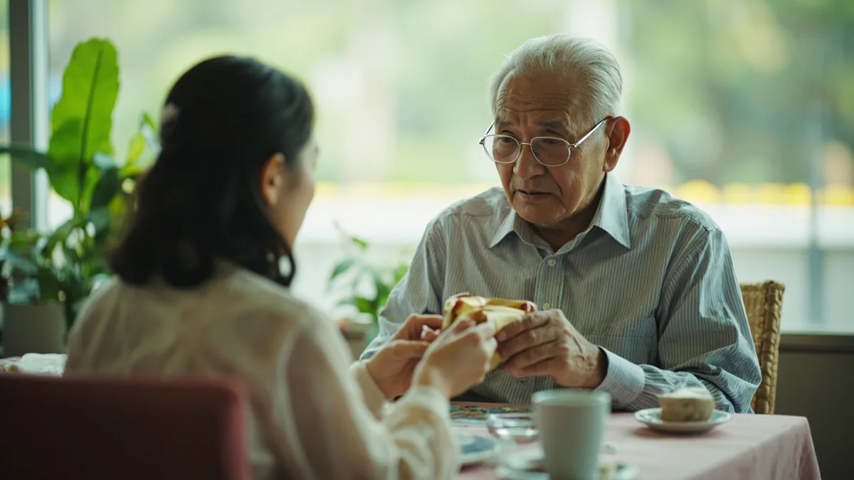 An elderly person receives an unexpected gift with a humble smile, illustrating “feeling overwhelmed by favor” in Chinese: 受宠若惊 (shòu chǒng ruò jīng)