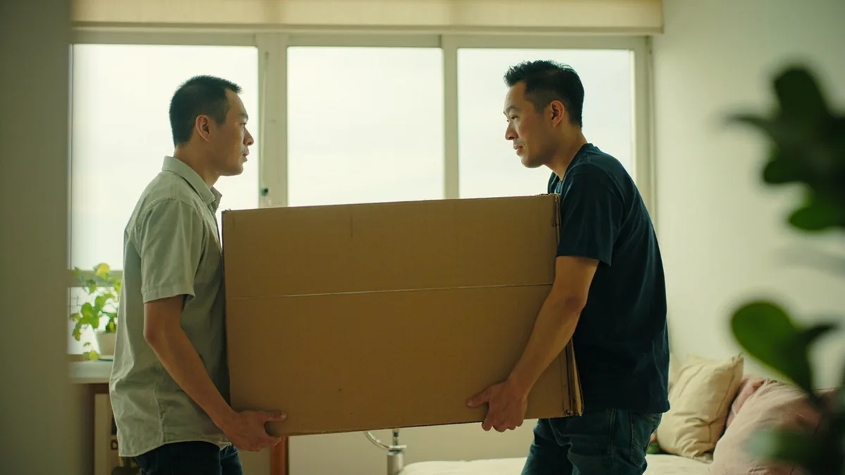 Several friends lift a heavy box with combined strength and careful coordination, illustrating “united effort teamwork” in Chinese: 同心协力 (tóng xīn xié lì)