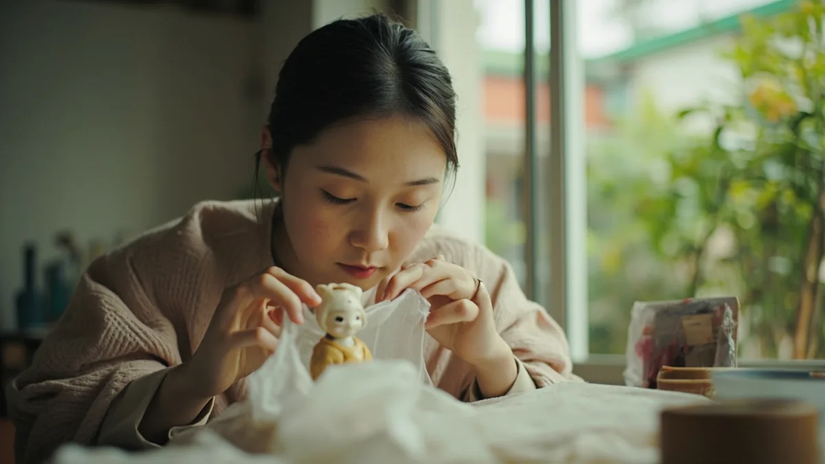 A person carefully places delicate handmade items into protective packaging, illustrating “meticulous carefulness” in Chinese: 小心翼翼 (xiǎo xīn yì yì)