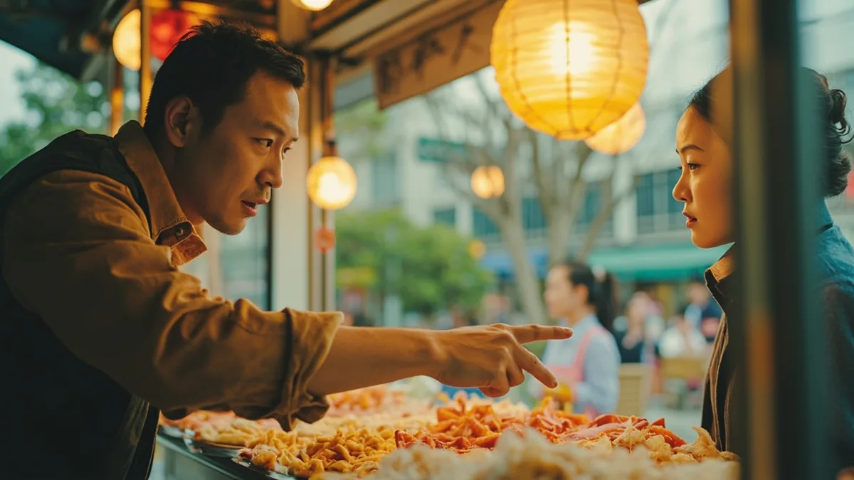 A customer firmly asserts their choice to a vendor at a bustling street food stand, illustrating “firm assertion” in Chinese: 一口咬定 (yī kǒu yǎo dìng)