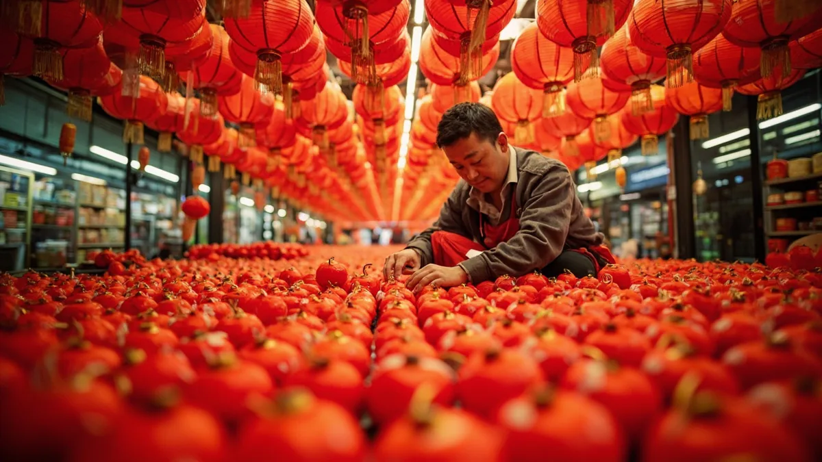 A worker arranges rows of red lanterns in a Chinese market, illustrating “1000” in Chinese: 一千 (yī qiān)