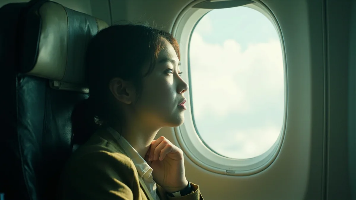 A passenger leans toward a bright airplane window, illustrating “a window seat, please” in Chinese: 我要靠窗的座位 (wǒ yào kàochuāng de zuòwèi)