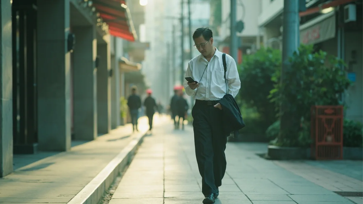 A person checks their location on a phone while walking quickly, illustrating “almost there” in Chinese: 快到了 (kuài dào le)