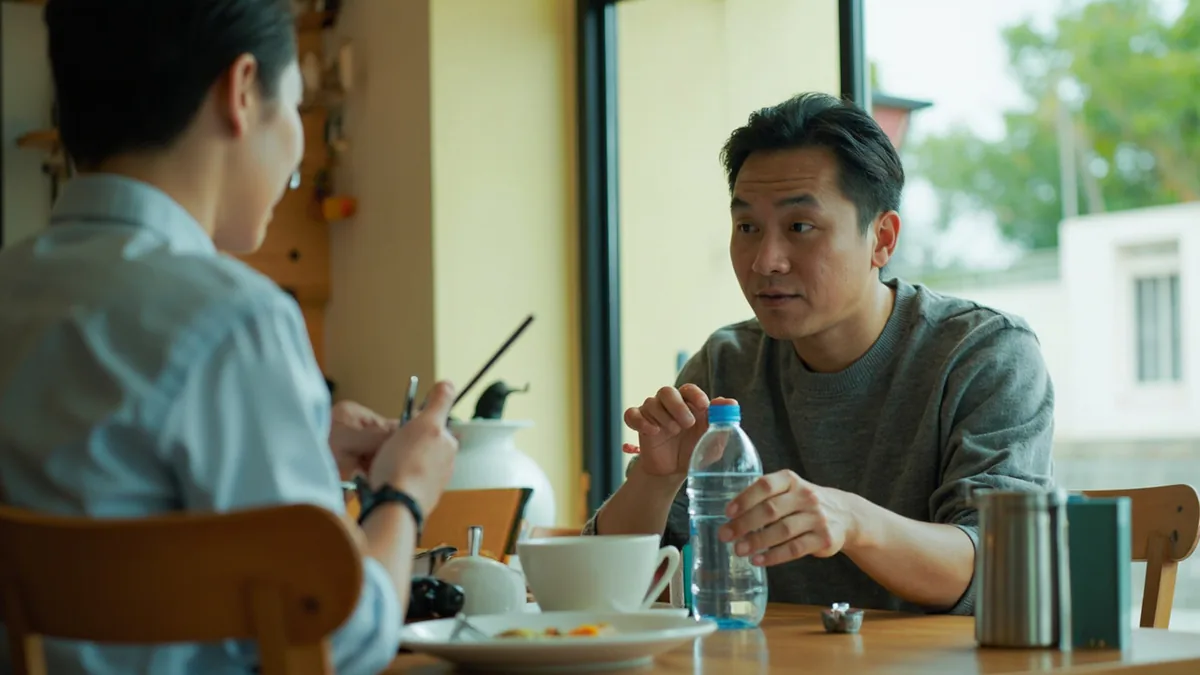 A person politely requests more bottled water at a casual eatery, illustrating “another bottle of water, please” in Chinese: 再来一瓶水 (zàilái yī píng shuǐ)