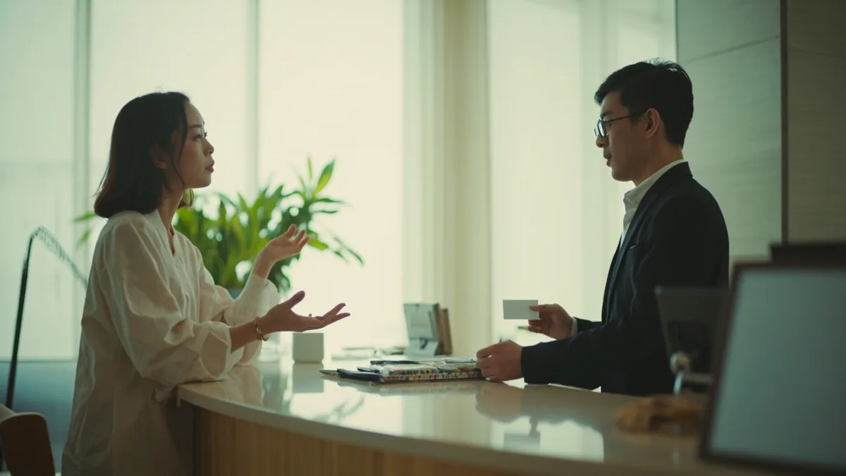 A guest politely asks for an extra room access card at a counter, illustrating “another room key, please” in Chinese: 再给我一把房卡 (zài gěi wǒ yì bǎ fángkǎ)