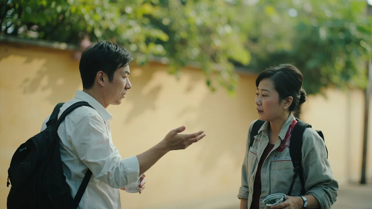 A traveler with a small bag gestures to a local, asking about nearby food, illustrating “any good food around here” in Chinese: 这附近有好吃的吗？ (zhè fùjìn yǒu hǎochī de ma?)