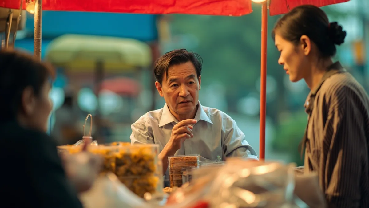 A vendor asks a customer if they require more items, illustrating “anything else” in Chinese: 还需要别的吗？ (hái xūyào biéde ma?)