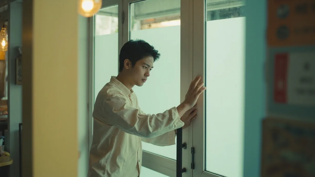 A person gently taps on a glass door, inquiring if the establishment is open today, illustrating “are you open today” in Chinese: 今天开门吗？ (jīntiān kāimén ma?)