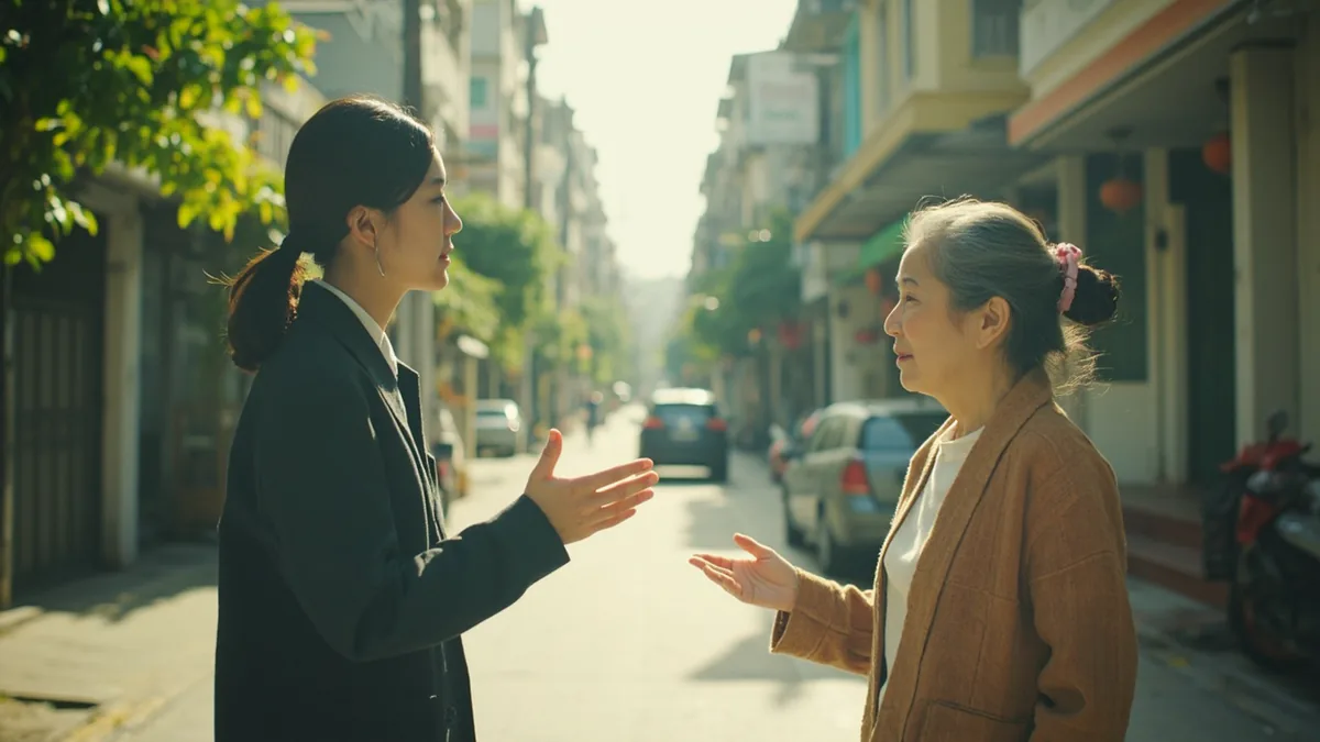 A young person politely asks an older woman for directions on a quiet street, illustrating “aunt” in Chinese: 阿姨 (āyí)