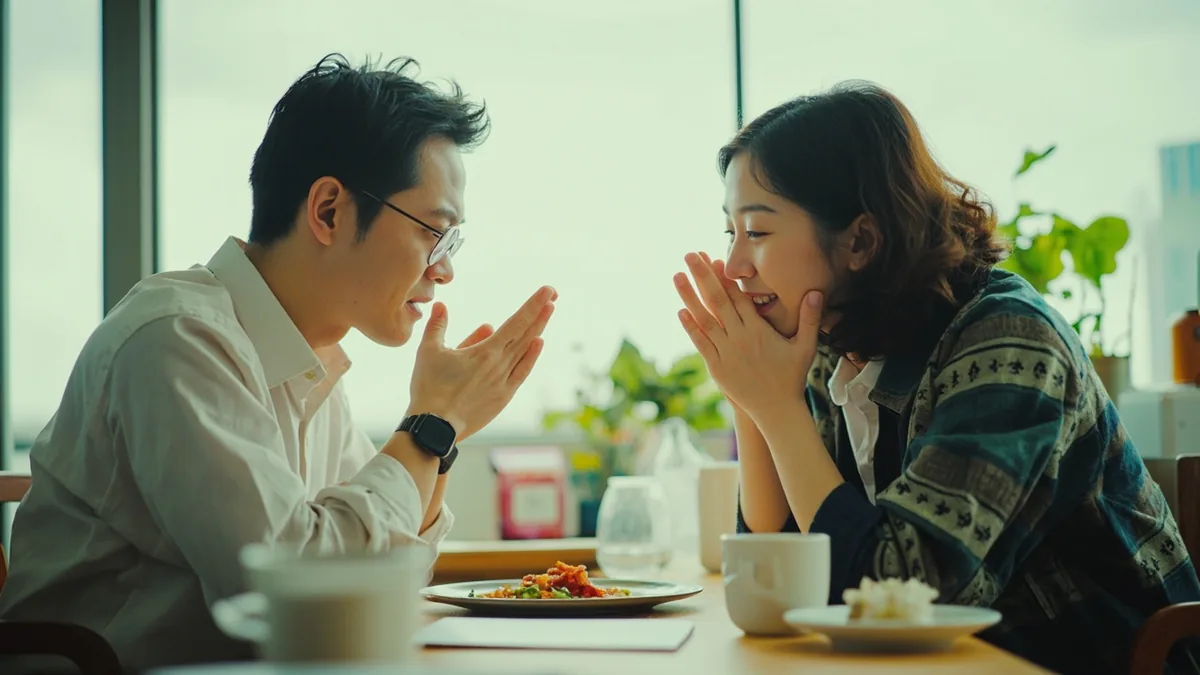 Two adults practice simple greeting gestures in a classroom setting, illustrating “basic greetings” in Chinese: 基本问候语 (jīběn wènhòuyǔ)