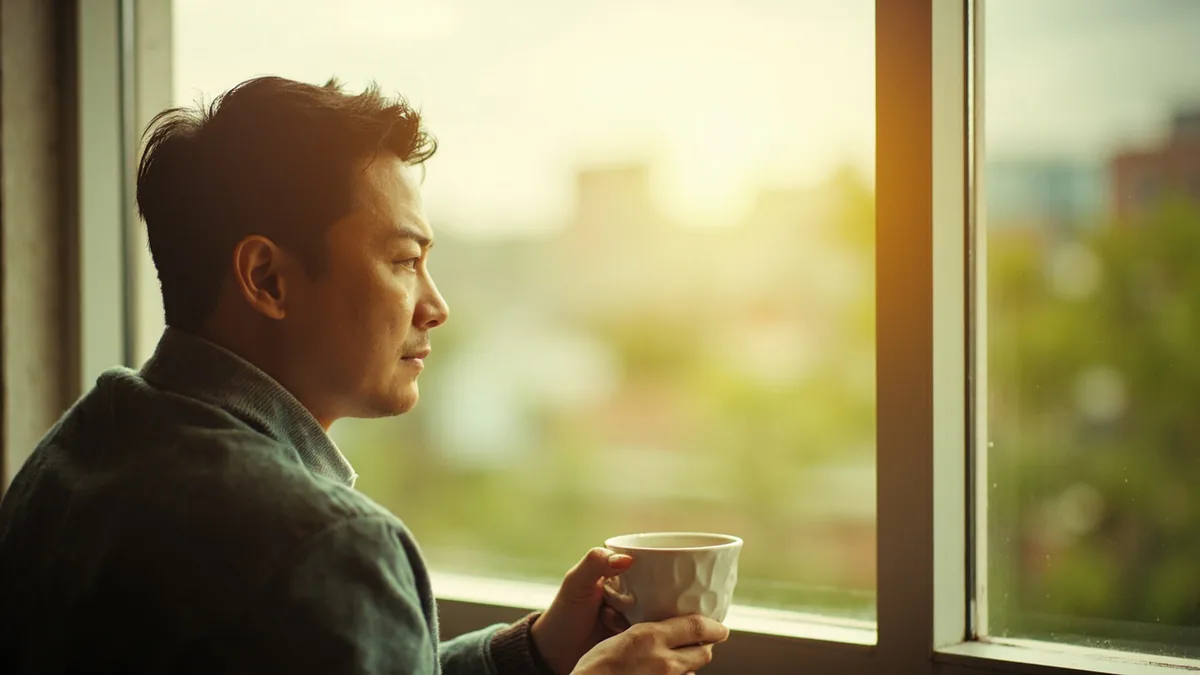 A person sips tea while enjoying the quiet start to a sunny day, illustrating “blessed morning” in Chinese: 美好的早晨 (měihǎo de zǎochén)