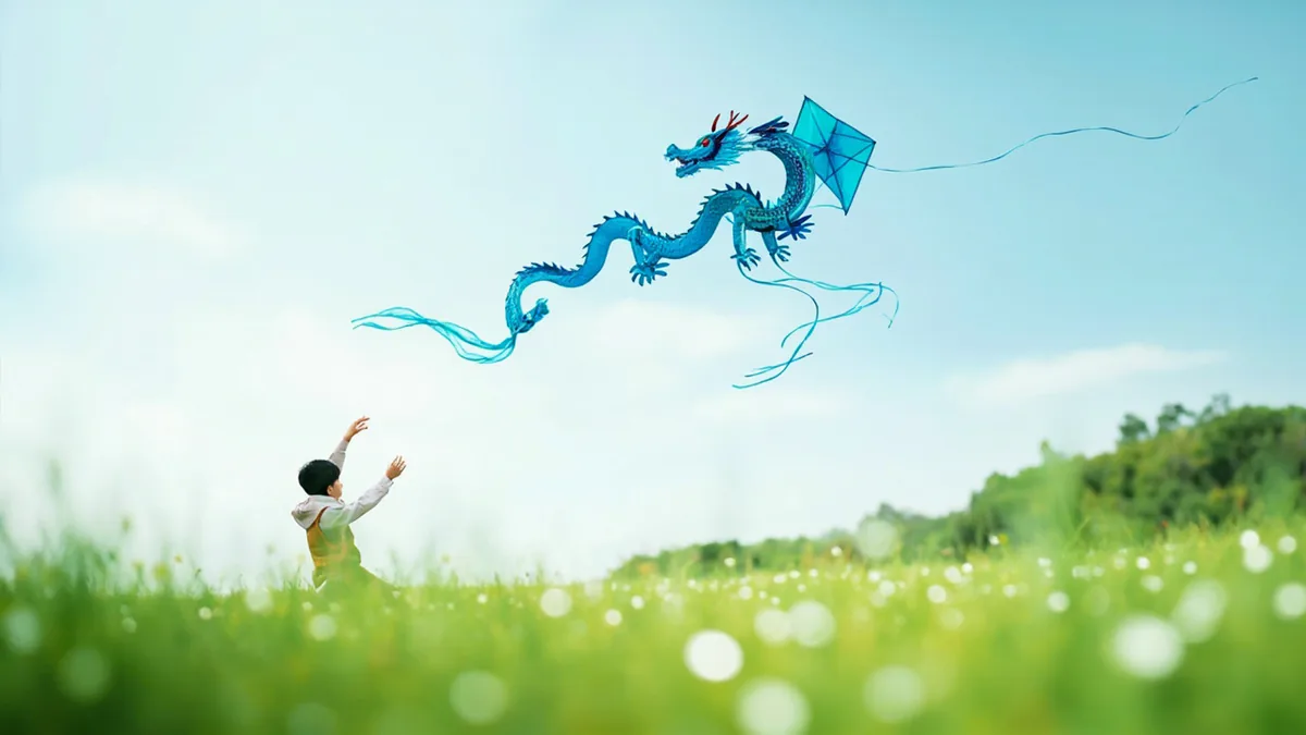 A large blue dragon kite soars gracefully high in the sky, illustrating “blue dragon” in Chinese: 蓝龙 (lán lóng)