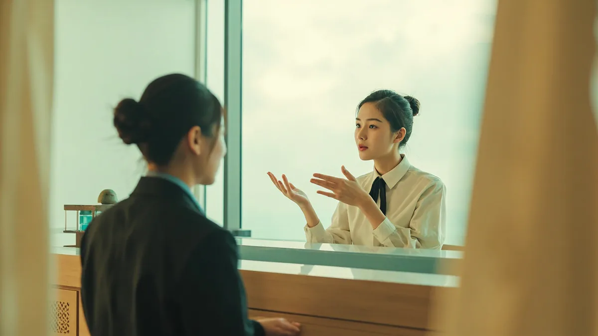 A guest asks a hotel staff member about breakfast hours, illustrating “breakfast is from 7 to 10” in Chinese: 早餐时间是七点到十点 (zǎocān shíjiān shì qī diǎn dào shí diǎn)