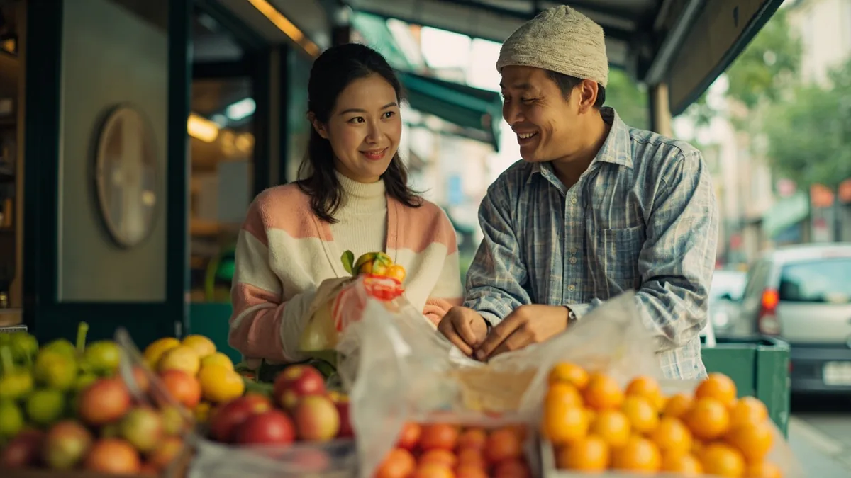 A customer receives two items from a shop assistant, illustrating “buy one get one free” in Chinese: 买一送一 (mǎi yī sòng yī)
