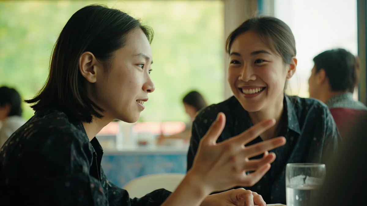 A young adult makes a polite gesture while asking another person their name at a community event, illustrating “call” in Chinese: 叫 (jiào)