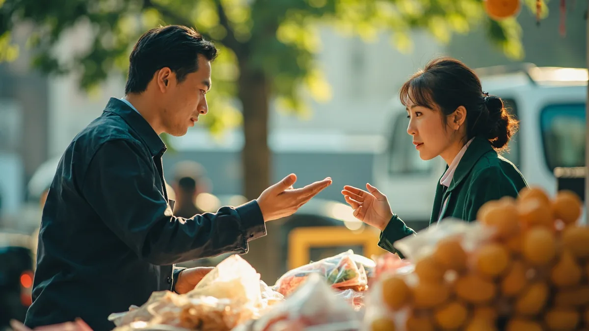 A customer gestures to a vendor, inquiring about a payment method at a market, illustrating “can I use wechat pay” in Chinese: 可以用微信支付吗？ (kěyǐ yòng Wēixìn zhīfù ma?)
