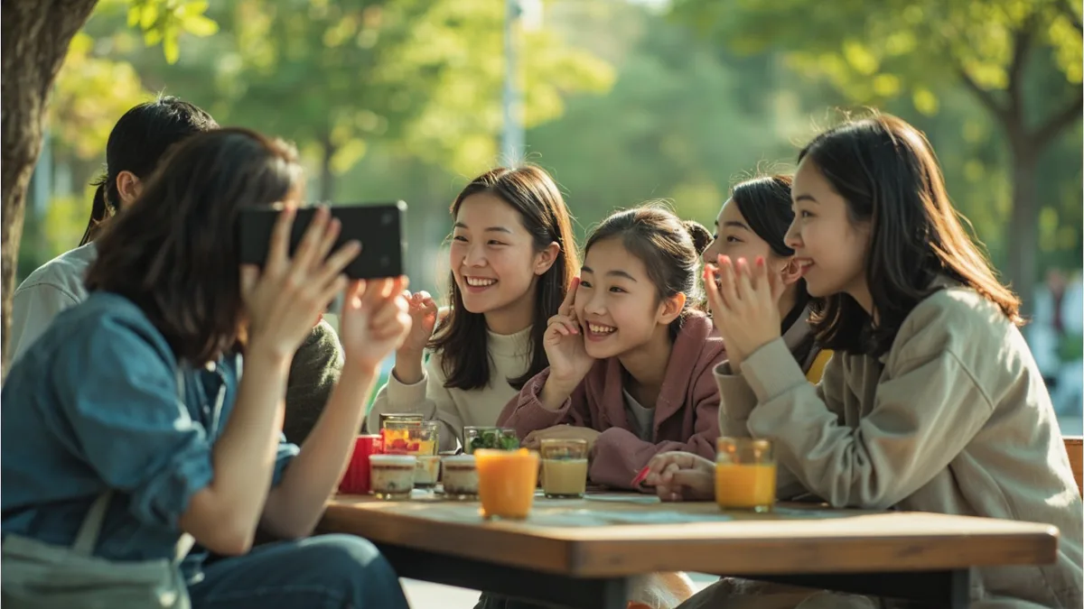 A group of friends smiles, gesturing to include another person in a picture, illustrating “can we take a photo together” in Chinese: 可以一起拍照吗？ (kěyǐ yīqǐ pāizhào ma?)