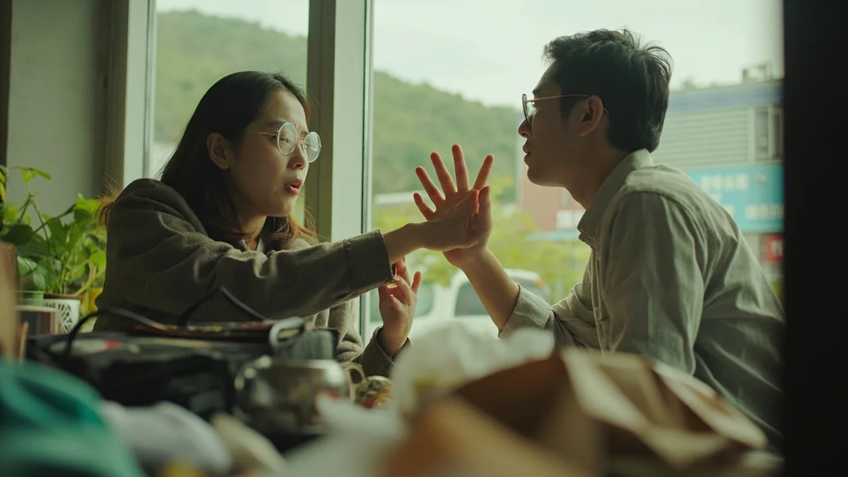 An adult friend gestures, asking another for help finding a lost item, illustrating “can you help me” in Chinese: 你能帮我吗？ (nǐ néng bāng wǒ ma?)