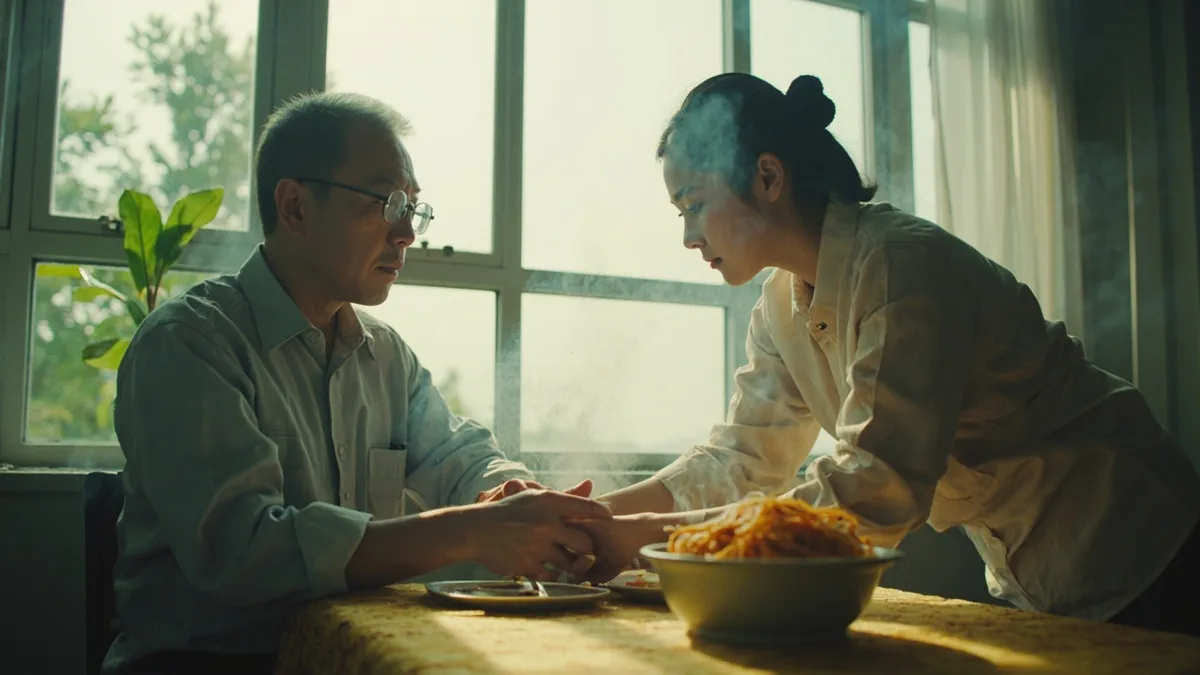 An adult warns another about a very hot bowl of food, illustrating “careful, it's hot” in Chinese: 小心烫 (xiǎoxīn tàng)
