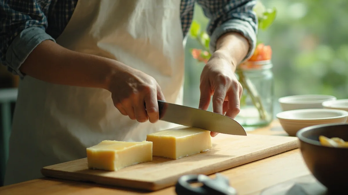 A person carefully slices a block of mild cheese on a wooden cutting board, illustrating “cheese” in Chinese: 奶酪 (nǎilào)