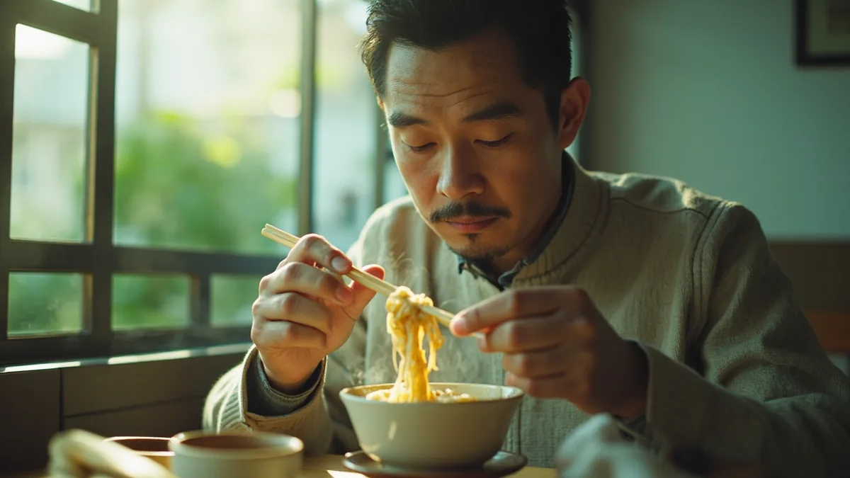 An individual enjoys a steaming bowl of noodles using wooden chopsticks, illustrating “China food” in Chinese: 中国菜 (Zhōngguó cài)