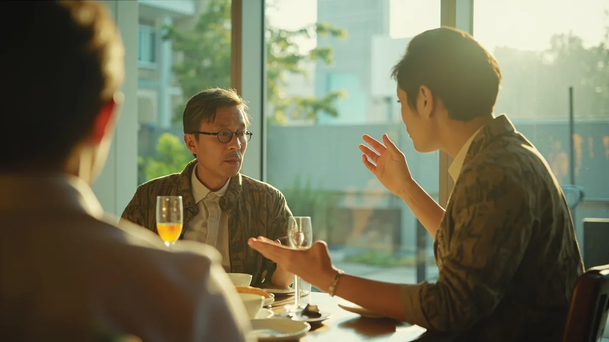 A person gestures for chopsticks at a restaurant table, illustrating “chopsticks, please” in Chinese: 请给我筷子 (qǐng gěi wǒ kuàizi)