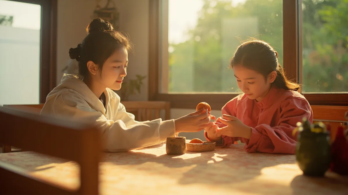 A young person gifts a carefully wrapped fruit to a friend, illustrating “christmas eve” in Chinese: 平安夜 (Píng'ānyè)