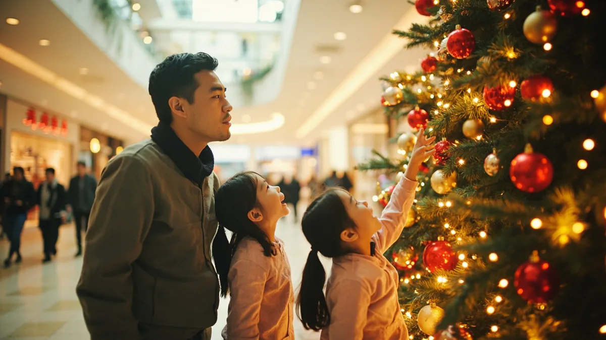 A family with children admires a tall Christmas tree in a shopping mall, illustrating “christmas” in Chinese: 圣诞节 (Shèngdànjié)