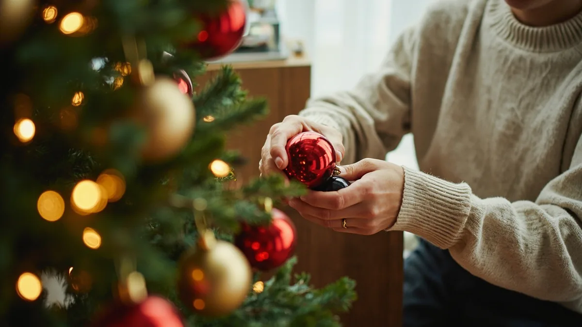Hands hang a red bauble on a lit Christmas tree, illustrating “christmas tree” in Chinese: 圣诞树 (shèngdànshù)