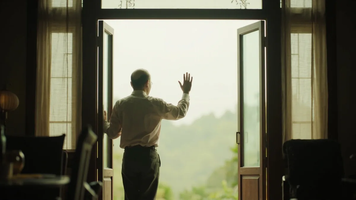 A host warmly waves goodbye to departing guests at a doorway, illustrating “come by whenever you're free” in Chinese: 有空常来 (yǒukòng cháng lái)