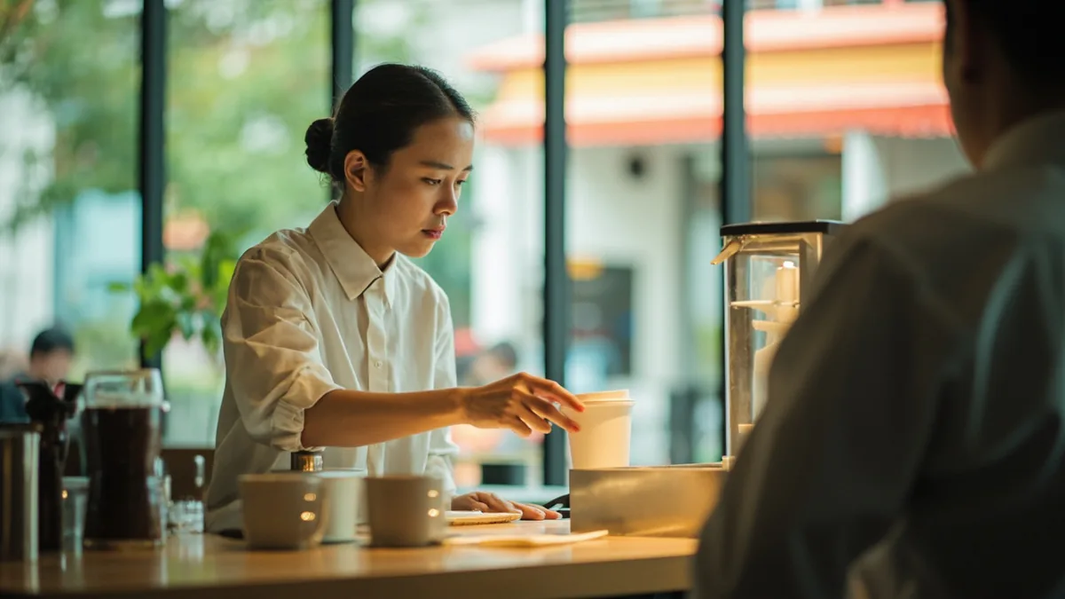 A server quickly prepares a drink at a busy cafe counter, illustrating “coming right up” in Chinese: 马上就来 (mǎshàng jiù lái)