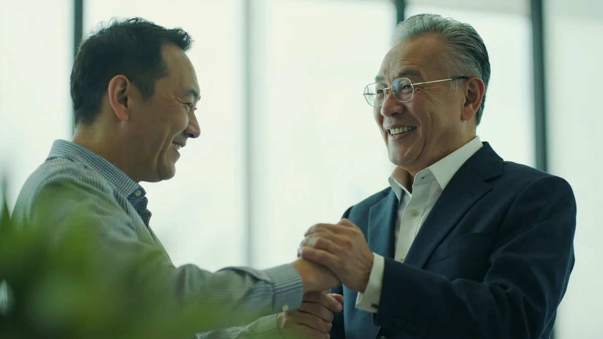 Two colleagues exchange a warm handshake and smiles in an office, illustrating “congratulations on your promotion” in Chinese: 恭喜你升职 (gōngxǐ nǐ shēngzhí)
