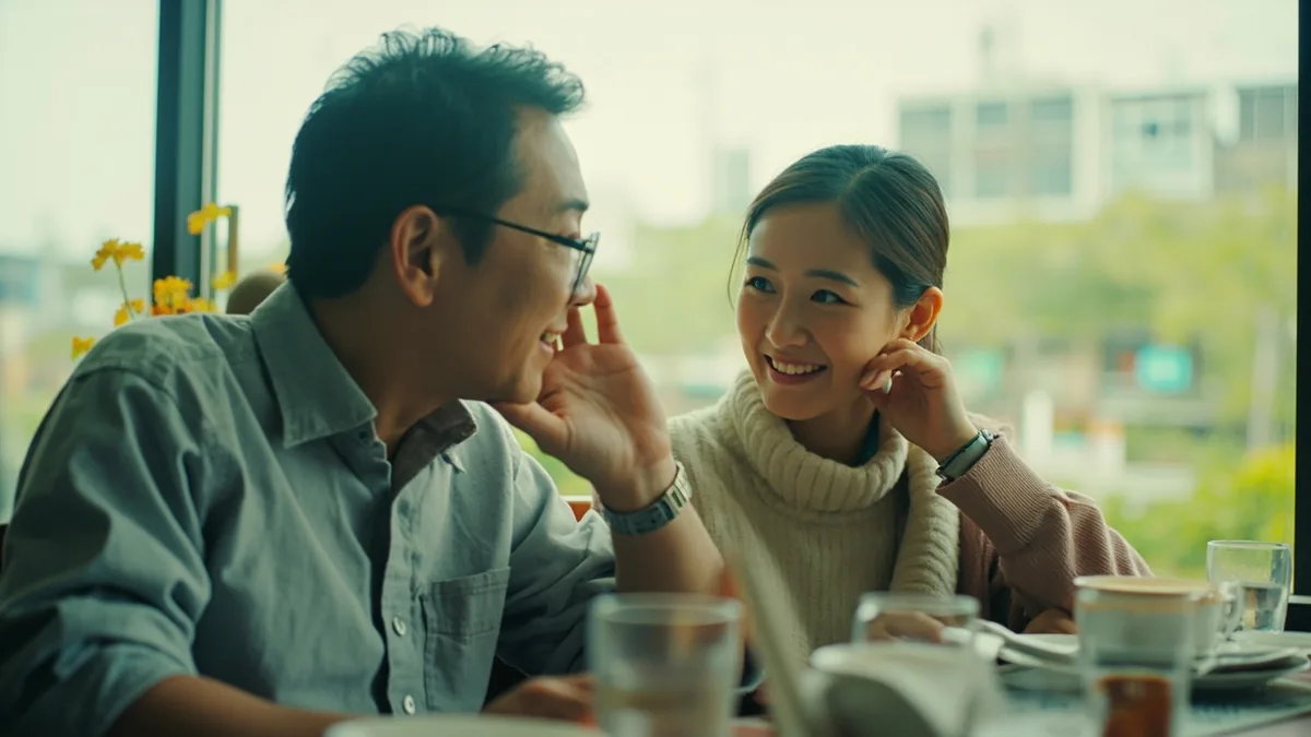 A person leans in, cupping an ear, asking for repetition, illustrating “could you say that once more” in Chinese: 请再说一次好吗？ (qǐng zài shuō yī cì hǎo ma?)