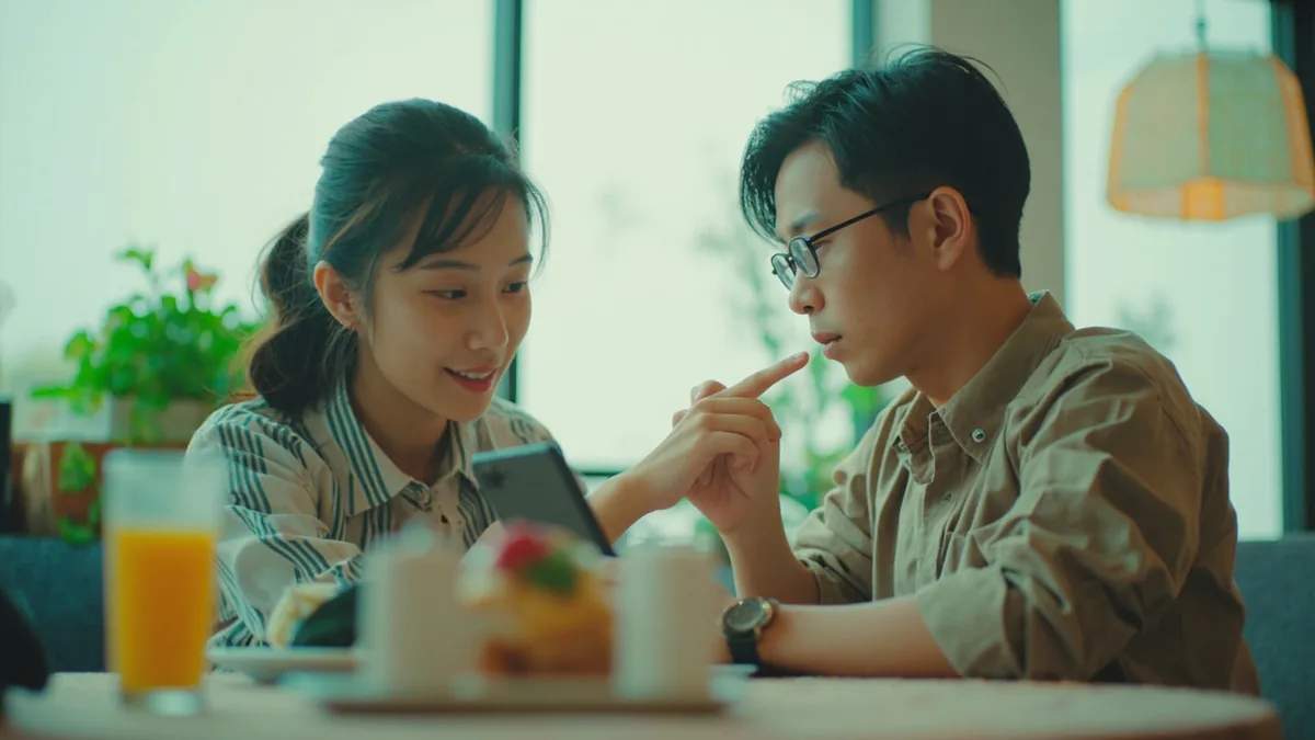 A person points to a friend's smartphone, asking for a visual explanation, illustrating “could you show me on your phone” in Chinese: 您可以用手机给我看吗？ (nín kěyǐ yòng shǒujī gěi wǒ kàn ma?)
