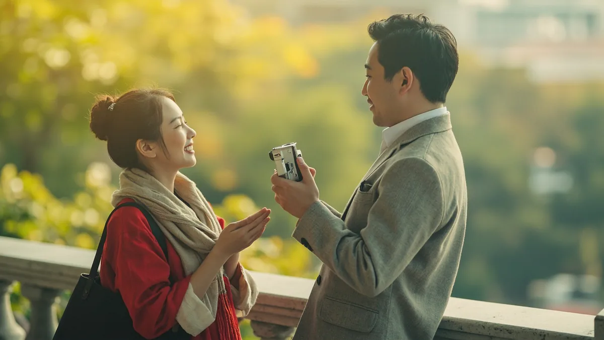 A couple asks a passerby to take their photo, illustrating “could you take a photo for us” in Chinese: 可以帮我们拍照吗？ (kěyǐ bāng wǒmen pāizhào ma?)