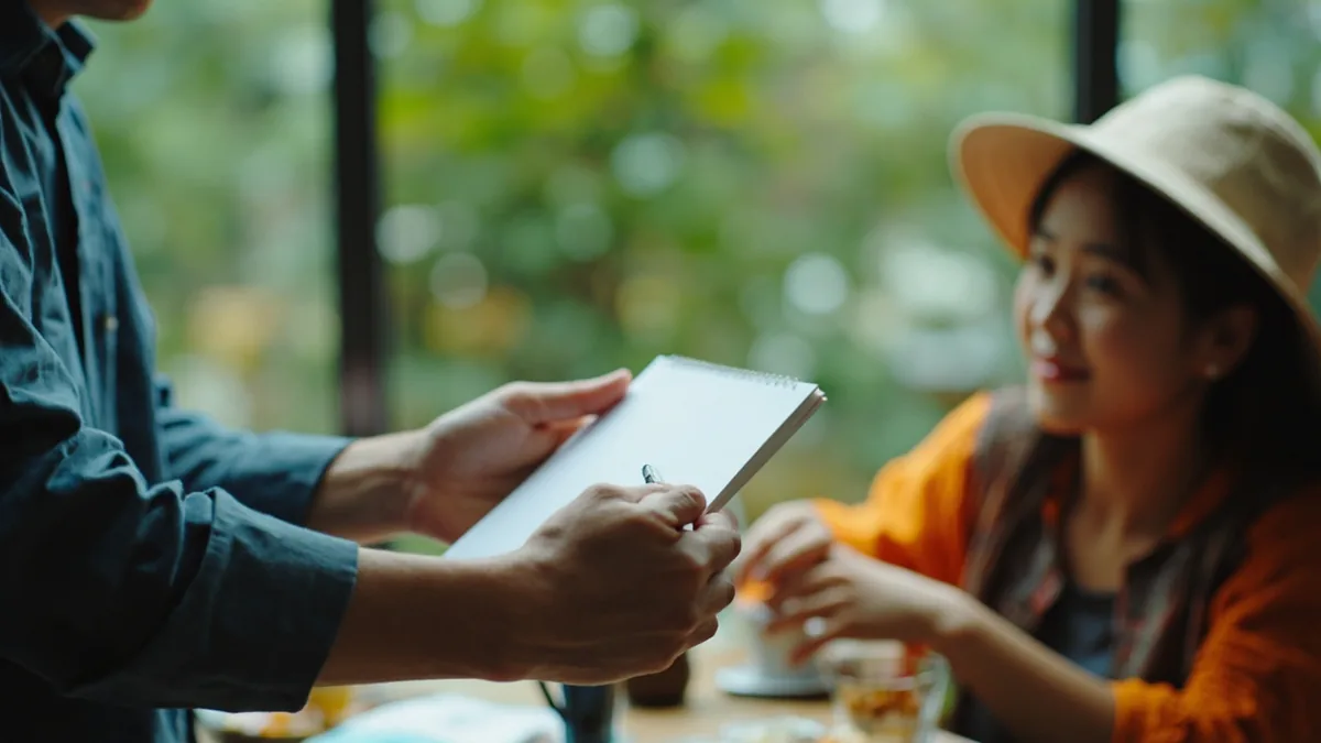 A traveler offers a blank notepad and pen to a local, illustrating “could you write it down” in Chinese: 请写一下 (qǐng xiě yīxià)