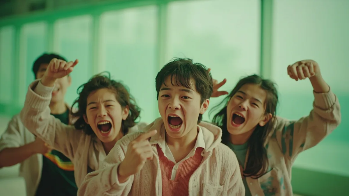 A group of young friends playfully acts wild and energetic, illustrating “crazy” in Chinese: 疯 (fēng)