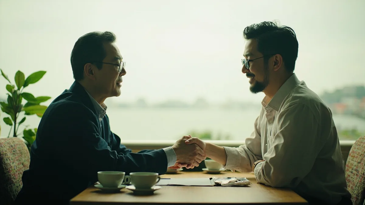 Two people shake hands after agreeing on a purchase, illustrating “deal” in Chinese: 成交 (chéngjiāo)