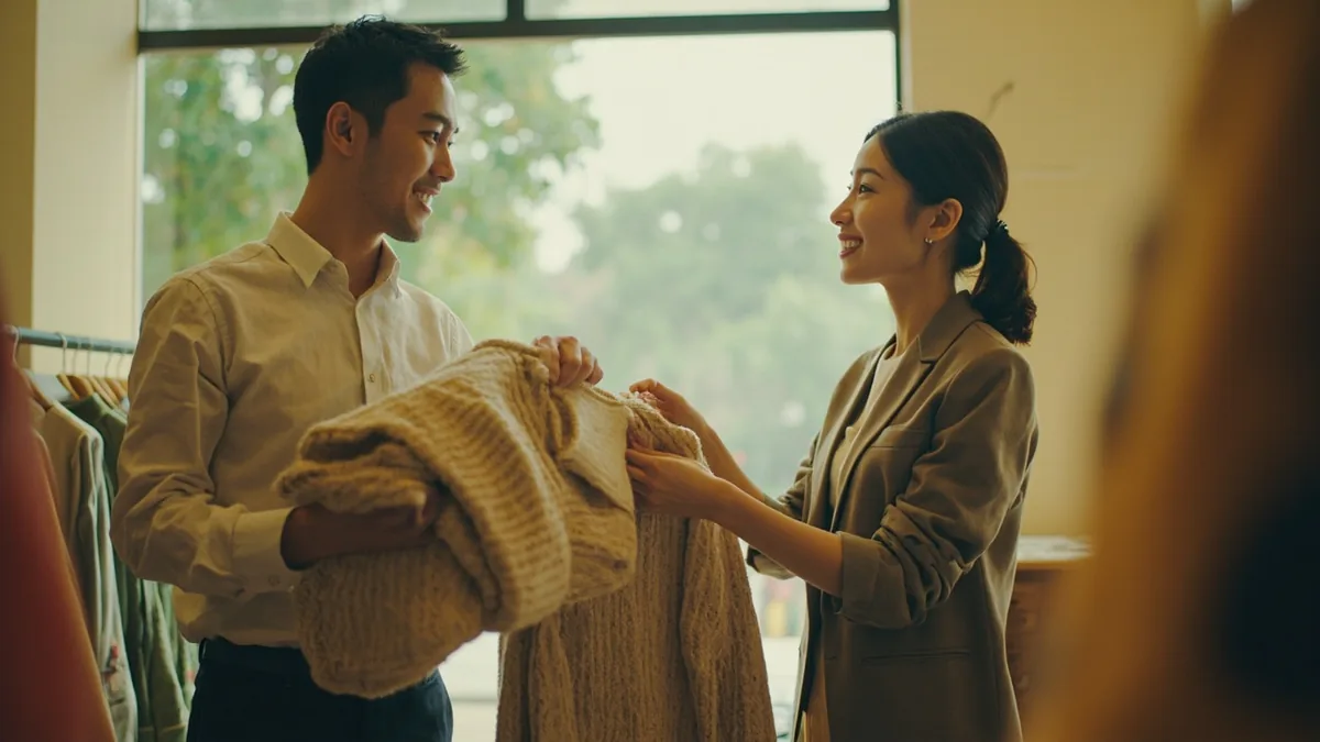 A customer holds up a sweater while a shop assistant talks about a better price, illustrating “discount” in Chinese: 打折 (dǎzhé)