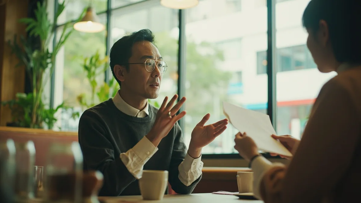 A person gestures inquiringly to restaurant staff about meal options, illustrating “do you have an English menu” in Chinese: 有英文菜单吗？ (yǒu yīngwén càidān ma?)